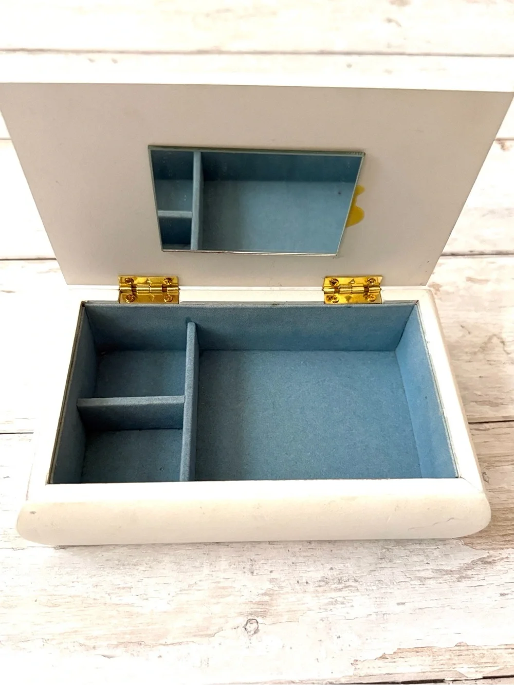 Teddy Bear Wooden Jewelry Trinket Box with Lid Velvet Lined White Baby Blue